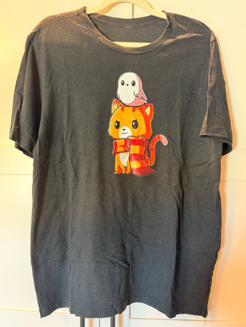 Black Graphic Tee with Orange Cat and White Ghost